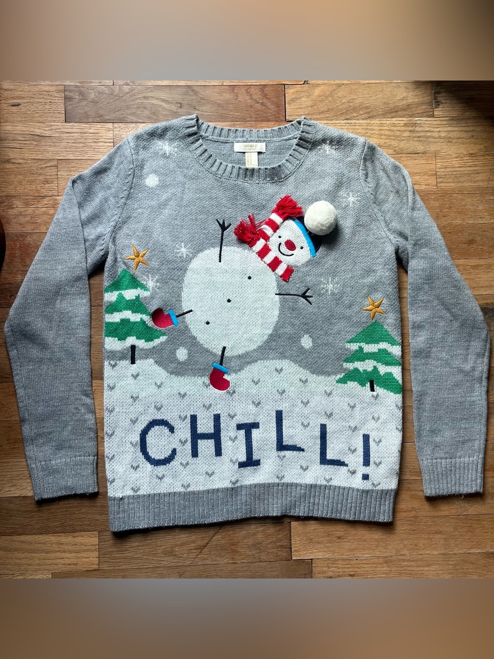 Forever 21 Women's Christmas Sweater Gray Snowman CHILL Pom Pom MEDIUM